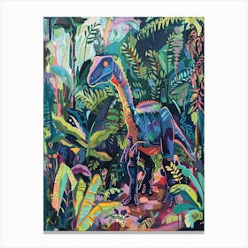 Colourful Dinosaur In The Jungle Leaves Painting 2 Canvas Print