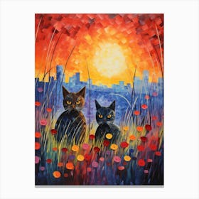 Two Cats At Sunset In A Poppy Field Canvas Print