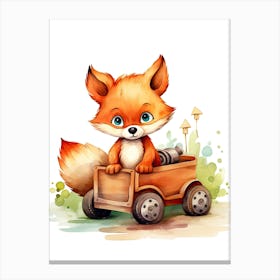 Baby Fox On Toy Car, Watercolour Nursery 0 Canvas Print