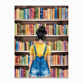 Girl In Overalls In Front Of Bookshelf Canvas Print