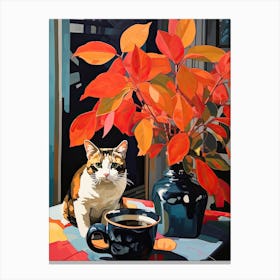 Camellia Flower Vase And A Cat, A Painting In The Style Of Matisse 2 Canvas Print