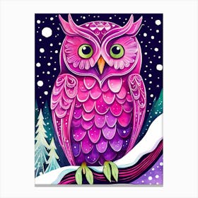 Pink Owl Snowy Landscape Painting (150) Canvas Print