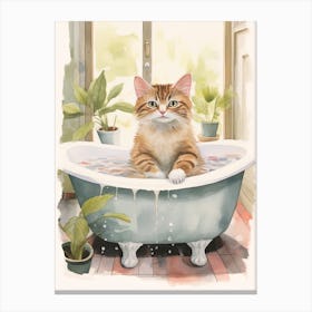 Manx Cat In Bathtub Botanical Bathroom 3 Canvas Print