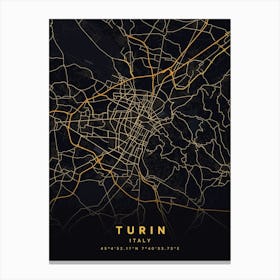 Turin Italy Black And Gold Map Canvas Print