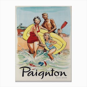 Paignton England, Family at Beach, Vintage Travel Poster Canvas Print