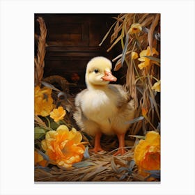Duckling In Barn With Flowers & Hay 2 Canvas Print