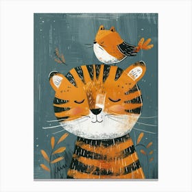 Small Joyful Tiger With A Bird On Its Head 11 Canvas Print