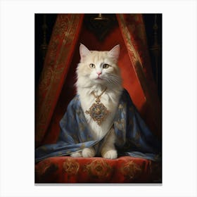White Royal Cat On Red Throne Canvas Print