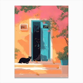 Black Cat Mediterranean Door Pink Wall Canvas Print