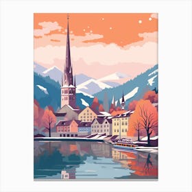 Vintage Winter Travel Illustration Lucerne Switzerland 4 Canvas Print