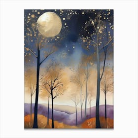 Cosmic Fall Night،
An ethereal boho painting that captures the beauty of a fall night sky. The background is a deep navy, speckled with tiny stars, while the foreground features silhouettes of autumn trees in shades of charcoal and dark olive. The moon is painted in a glowing silver, surrounded by soft wisps of mist in pale gold and lavender.
.6 Canvas Print