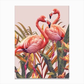 American Flamingo And Heliconia Minimalist Illustration 4 Canvas Print