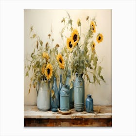 Sunflowers In Blue Vases Canvas Print