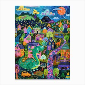 Cute Colourful Dinosaur In A Village 1 Canvas Print