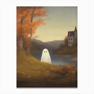 Ghost Autumn Fall Castle Landscape, Halloween Spooky Canvas Print