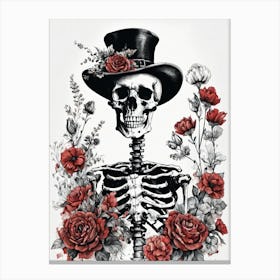 Floral Skeleton With Hat Ink Painting (58) Canvas Print