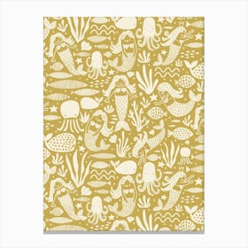 Underwater Mermaids and Sea Life Block Print White on Golden Yellow Kids Canvas Print