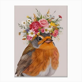 Bird With A Flower Crown European Robin Canvas Print