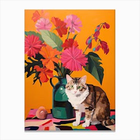 Gerbera Daisy Flower Vase And A Cat, A Painting In The Style Of Matisse 0 Canvas Print