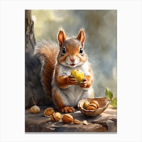 A Baby Squirrel Holding A Walnut Canvas Print