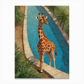 Giraffe By The Pool 1 Canvas Print