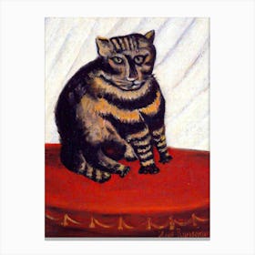 Henri Rousseau "The Tiger Cat" Le Chat Tigre (1844-1910) Famous Antique Oil Painting of Tabby Cat on Red Vintage Table - Signed and HD Remastered Canvas Print