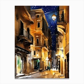 Watercolor Mediterranean Street At Night Canvas Print