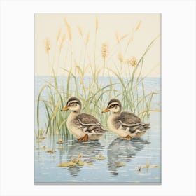 Pair Of Ducklings In The Water Japanese Woodblock Style 3 Canvas Print