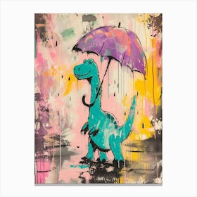 Dinosaur In The Rain Holding An Umbrella Teal Purple 2 Canvas Print