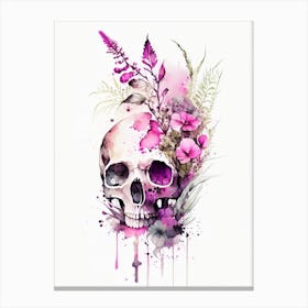 Skull With Watercolor Or Splatter Effects Pink 3 Botanical Canvas Print