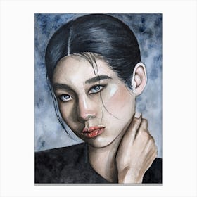 Watercolor portrait of an Asian woman with blue eyes Canvas Print