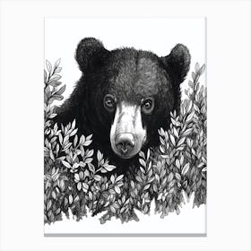 Malayan Sun Bear Hiding In Bushes Ink Illustration 2 Canvas Print