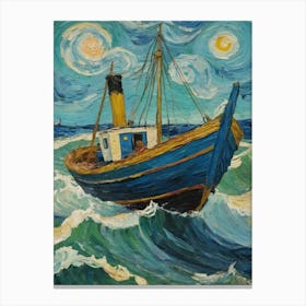 Painting Of Boat In Rough Ocean With Full Moon Canvas Print