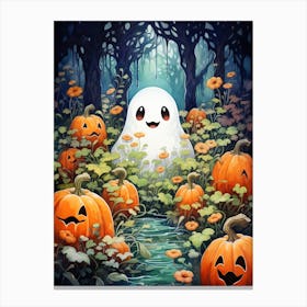 Cute Bedsheet Ghost, Botanical Halloween Watercolour 2 Canvas Print