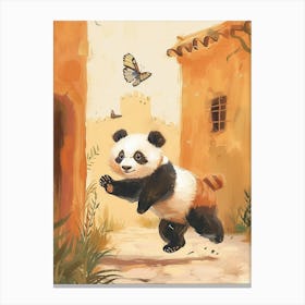 Giant Panda Cub Chasing After A Butterfly Storybook Illustration 1 Canvas Print