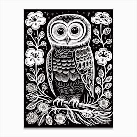 B&W Bird Linocut Owl 2 Canvas Print