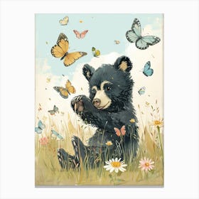 American Black Bear Cub Playing With Butterflies Storybook Illustration 1 Canvas Print