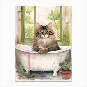 Norwegian Forest Cat In Bathtub Botanical Bathroom 4 Canvas Print