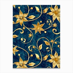 Golden Flowers On A Blue Background Inspired By William Morris Canvas Print