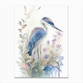 Blue Heron With Flowers Gouache 2 Canvas Print