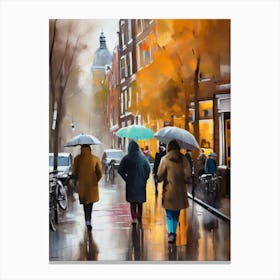 Amsterdam cafes, autumn season, rain, autumn oil colours.Faded colours,People passing on the street, winter clothes, rain umbrellas.5 1 Canvas Print