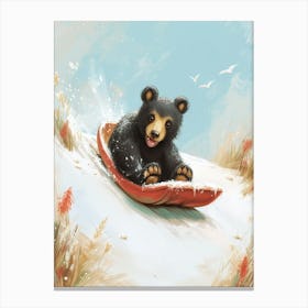 American Black Bear Cub Sledding Down A Snowy Hill Storybook Illustration 3 Canvas Print