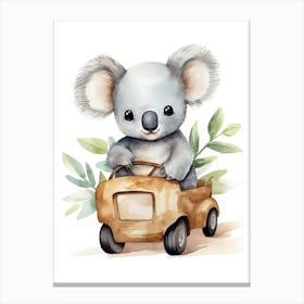 Baby Koala On A Toy Car, Watercolour Nursery 1 Canvas Print