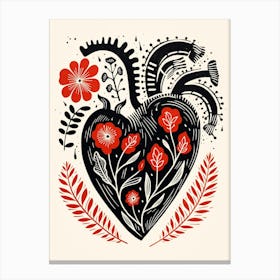 Abstract Linocut Style Anotomical Heart Red & Black Canvas Print