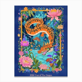 Lunar Year Of The Dragon 2024 Blue Dragon With Floral Frame Canvas Print