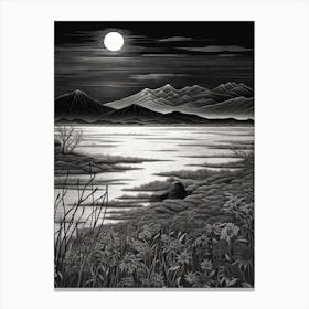 Lake Biwa In Shiga, Ukiyo E Black And White Line Art Drawing 3 Canvas Print