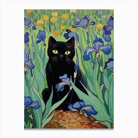 Vang Gogh Painting Irises With Black Cat Canvas Print