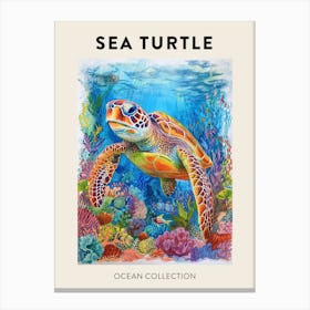 Colourful Sea Turtle On The Magical Ocean Floor Pencil Illustration Poster Canvas Print