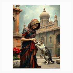 Indian Beauty With Cat - Diverse Art Illustration 89 Canvas Print