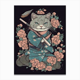 Cute Samurai Cat In The Style Of William Morris 4 Canvas Print
